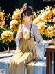 A woman in a yellow dress sitting on a bench.